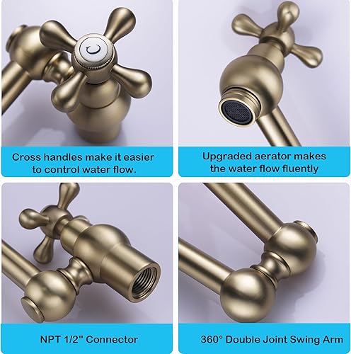 Miniatura 4 de Grifo de llenado de ollas de oro cepillado, grifo de cocina de latón plegable de un solo orificio, montaje en pared, grifo de cocina sobre estufa,