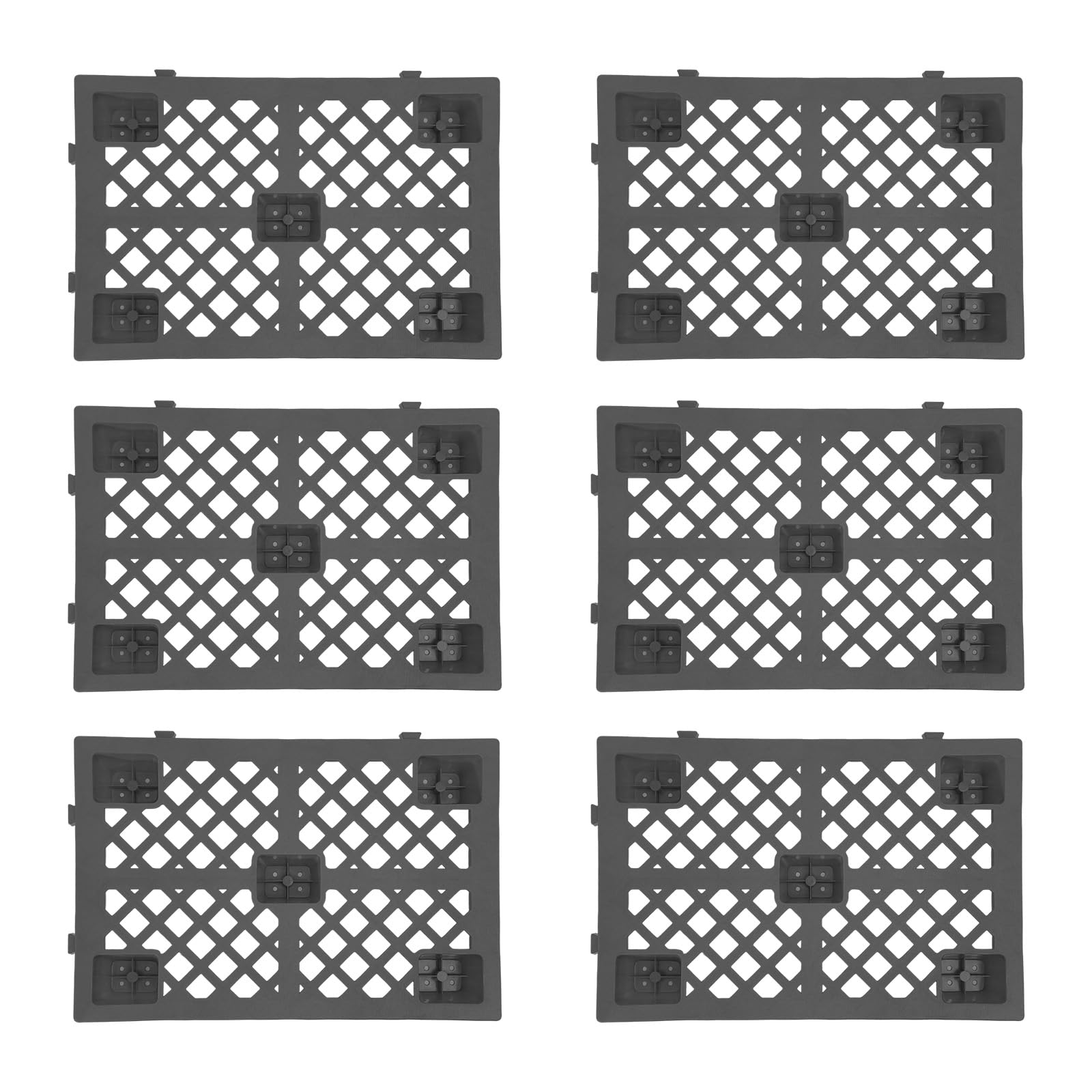 Set di 6 pallet in plastica, 60x40x10 cm Impilabili Pallet leggeri con fondo goffrato e chiusura a scatto per magazzino, logistica, esterno, cucina, ripostiglio, fino a 100 kg (Nero)