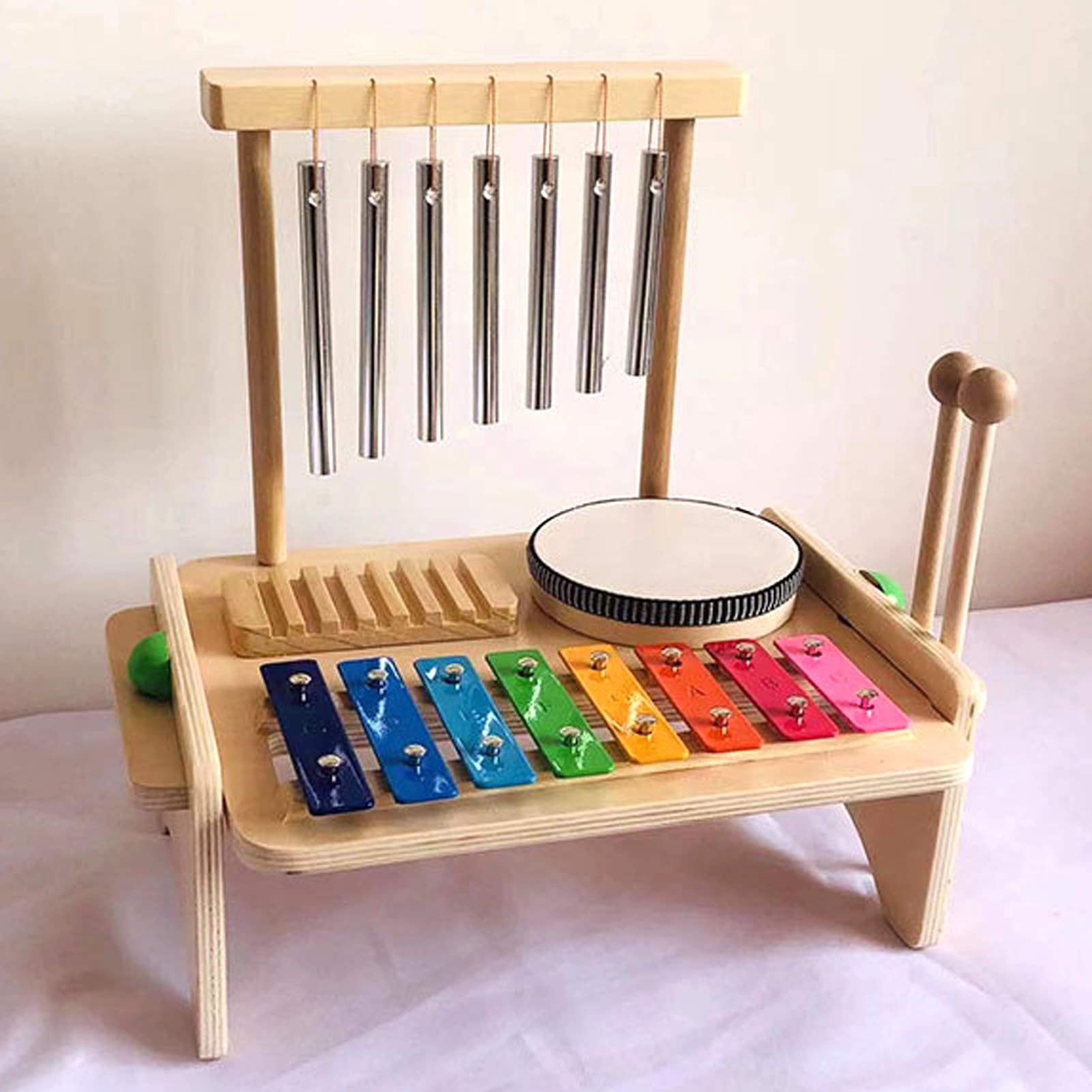 Set Batteria per Bambini, Set Batteria per Bambini Strumenti Musicali Montessori, Strumenti Musicali in Legno con Raschietto per con Carillon Xilofono, Regalo di Compleanno per 1 3 Anni