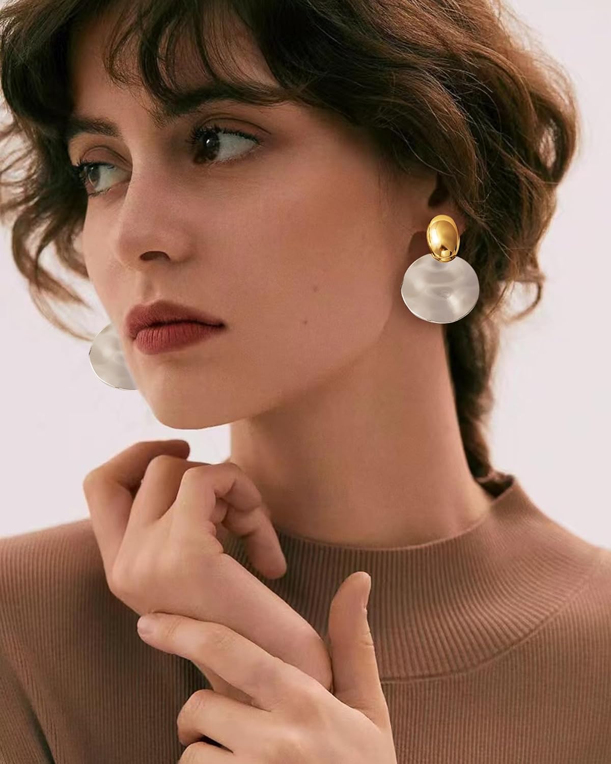 Two Tone Oval Earrings for Women Chunky Gold and Silver Round Disc Earrings Big Smooth Statement Dangle Ear-rings Party Prom Weddings Jewelry Gifts for Her - Image 4