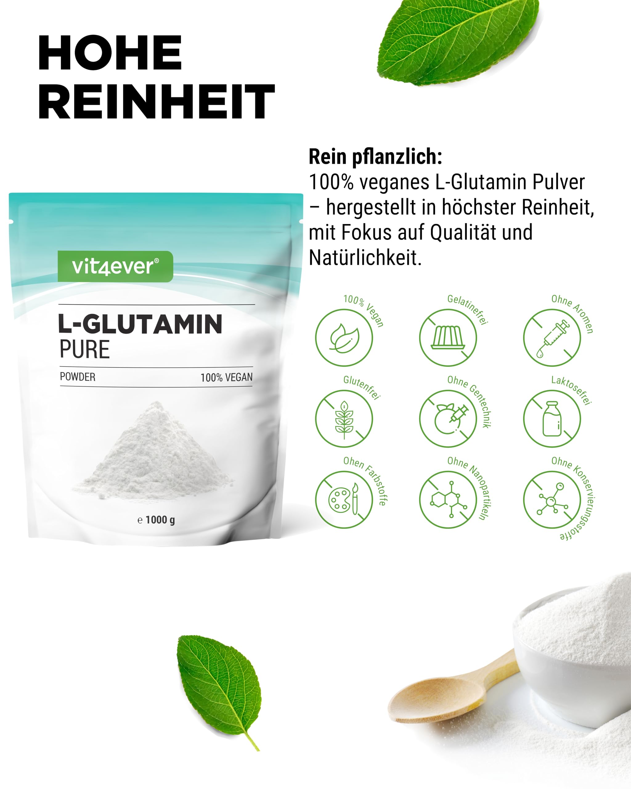 vit4ever L-Glutamin Pulver - 1000 g - ultrareines Aminosäurenpulver | Pflanzliche Fermentation, extra hochdosiert, 100% vegan