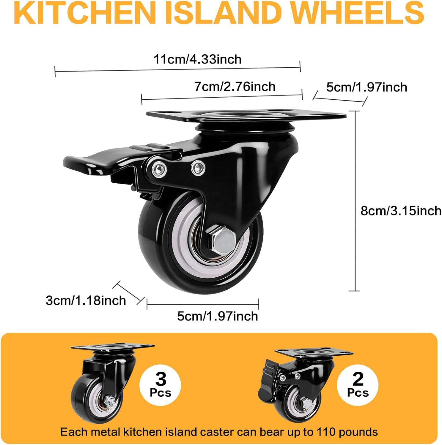 5 Pcs 2 in Universal Kitchen Island Replacement Wheels, Heavy Duty Kitchen Island Casters with Hardware, No Noise Locking Polyurethane (PU) Wheels