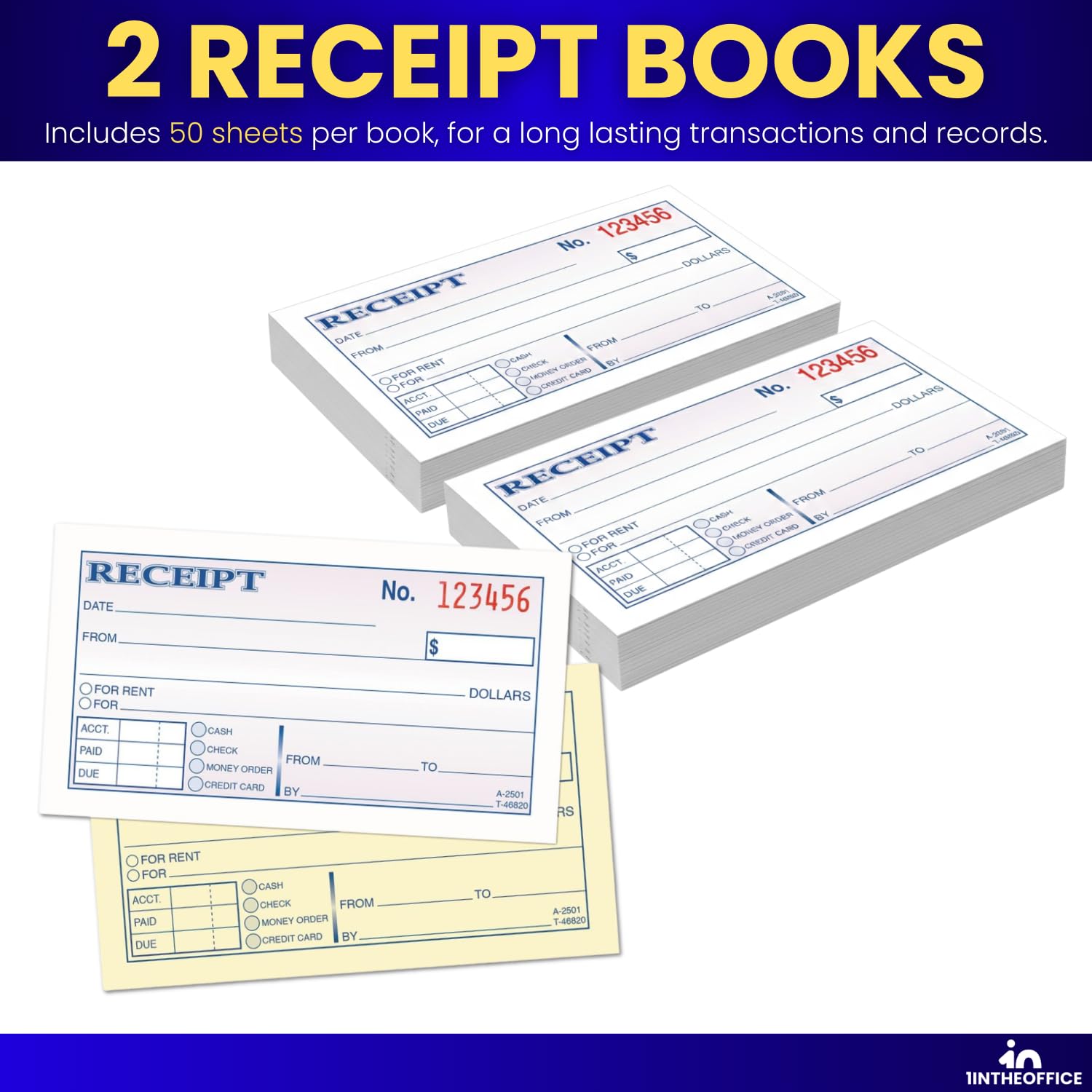 1 intheoffice Geld und Rent Rechnung, 2–3/4 x 5–3/20,3 cm, 2-teilig, selbstdurchschreibend, weiß/Kanarischen, 50 Sets pro Buch (2 Bücher)