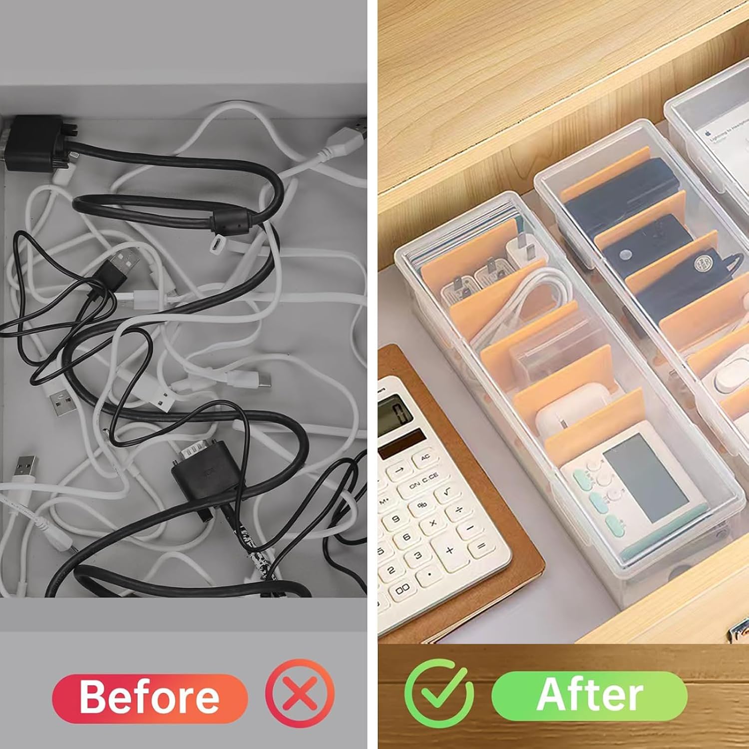 3 Pack Clear Cable Organizer Box with Lid, Plastic Charger Cable Cord Storage Organizer, Stackable Office Desk Organizers, Multifunctional Accessories Storage Box Fit in Home Drawer