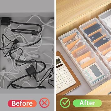 2 Pack Clear Cable Organizer Box with Lid, Plastic Charger Cable Cord Storage Organizer, Stackable Office Desk Organizers, Multifunctional Accessories Storage Box Fit in Home Drawer