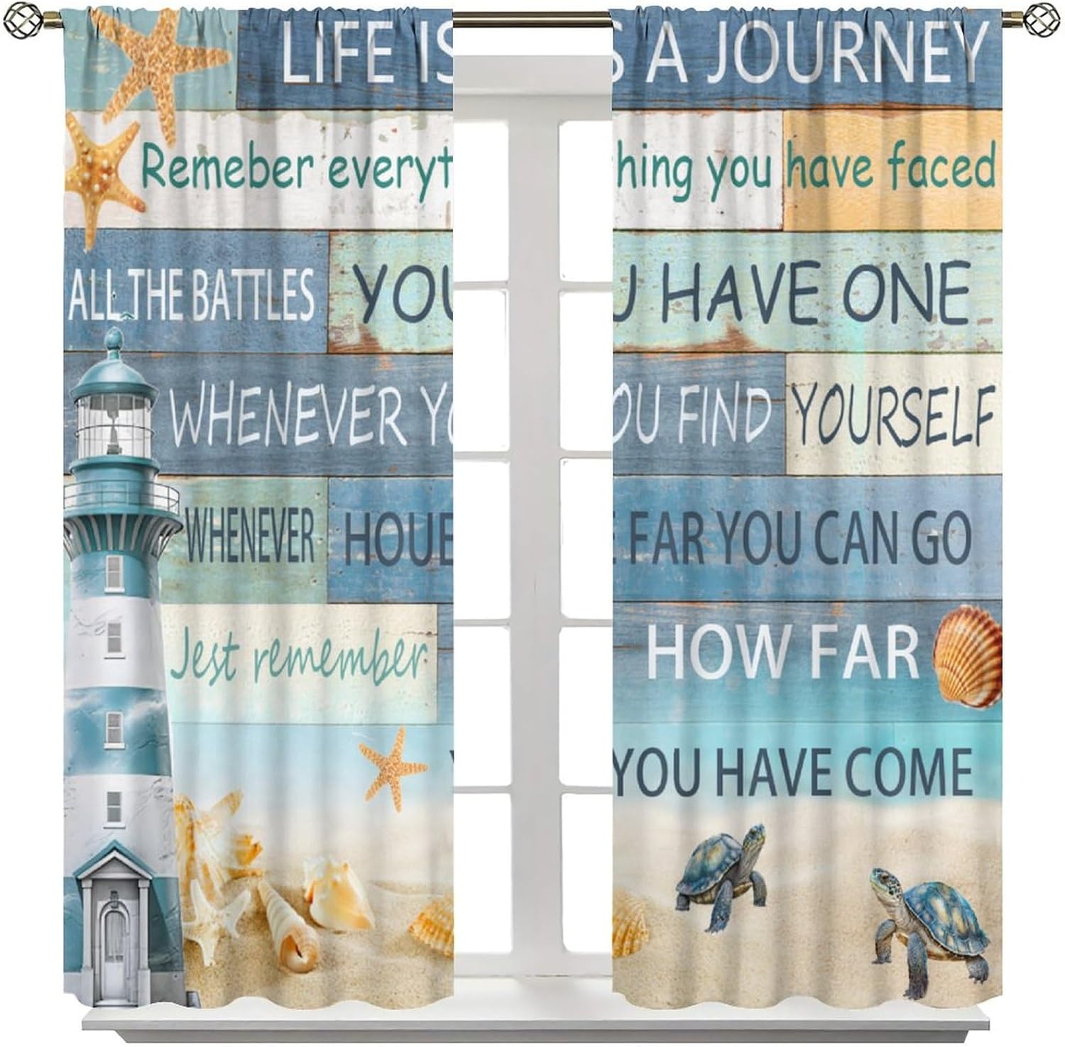 Nautical Lighthouse Curtains, Beach Ocean Turtle Starfish Seashell Drapes Rustic Vintage Wooden Coastal Sea Ocean Print Window Treatments for Bedroom Living Room 42x54 Inch (No Blackout)