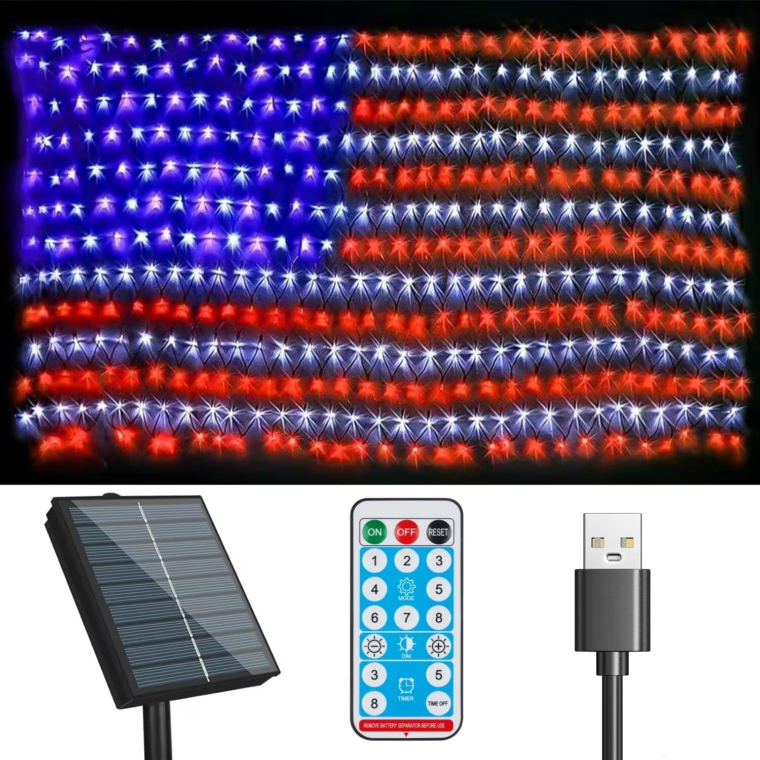 MZD8391 Solar US Flag Lights, 420 LEDs Waterproof American USA Net Lights, 6.75 FT x 3.53 for Garden, 4th of July, Independence Day Decoration [Solar & USB 2 Power Way]
