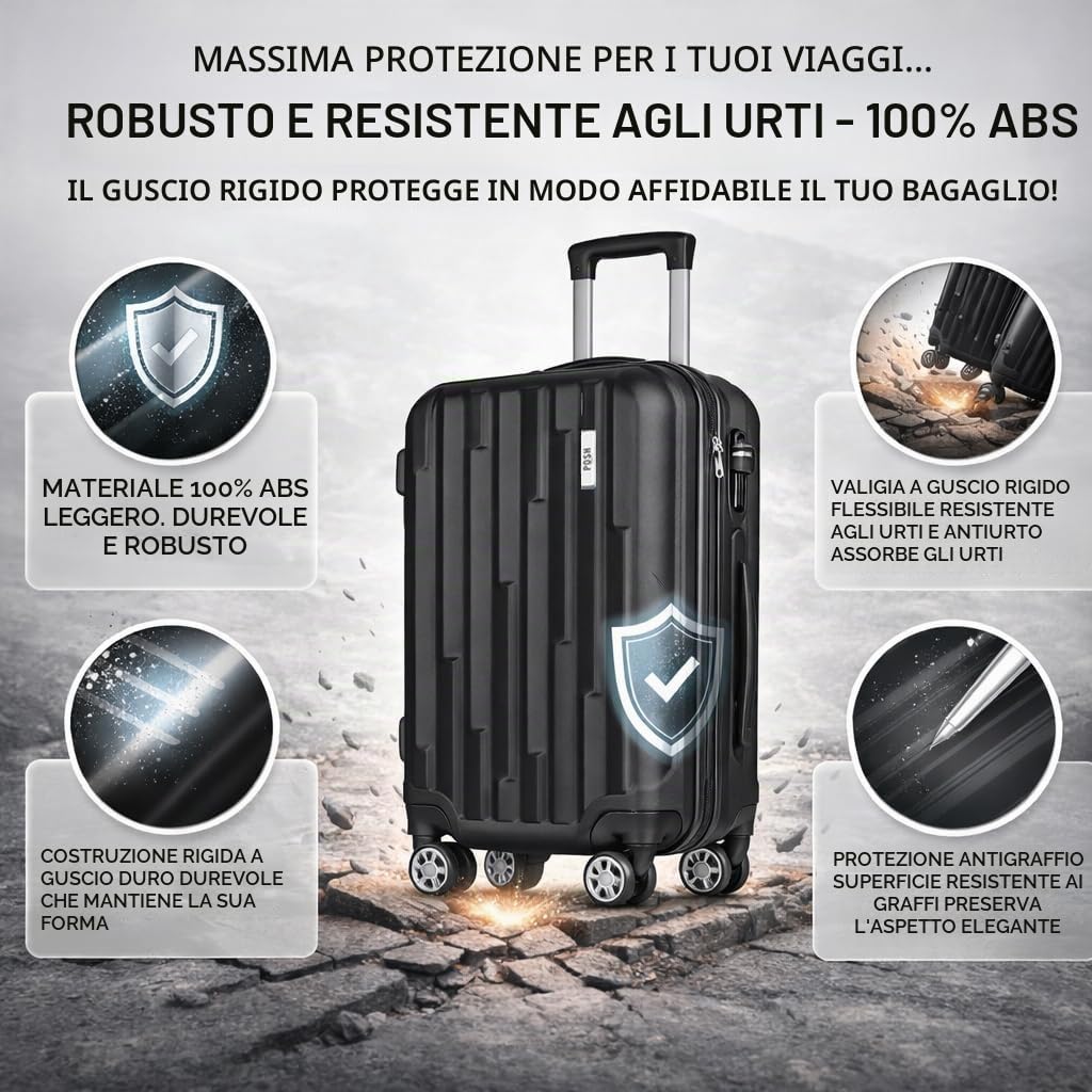 POSH Valigia 55x40x23 cm - Trolley Rigido in ABS Leggero da 35L - Bagaglio a Mano con Lucchetto a Combinazione e 4 Ruote 360° - Peso 2,5 kg - Ideale per Viaggi fino a 4 Giorni