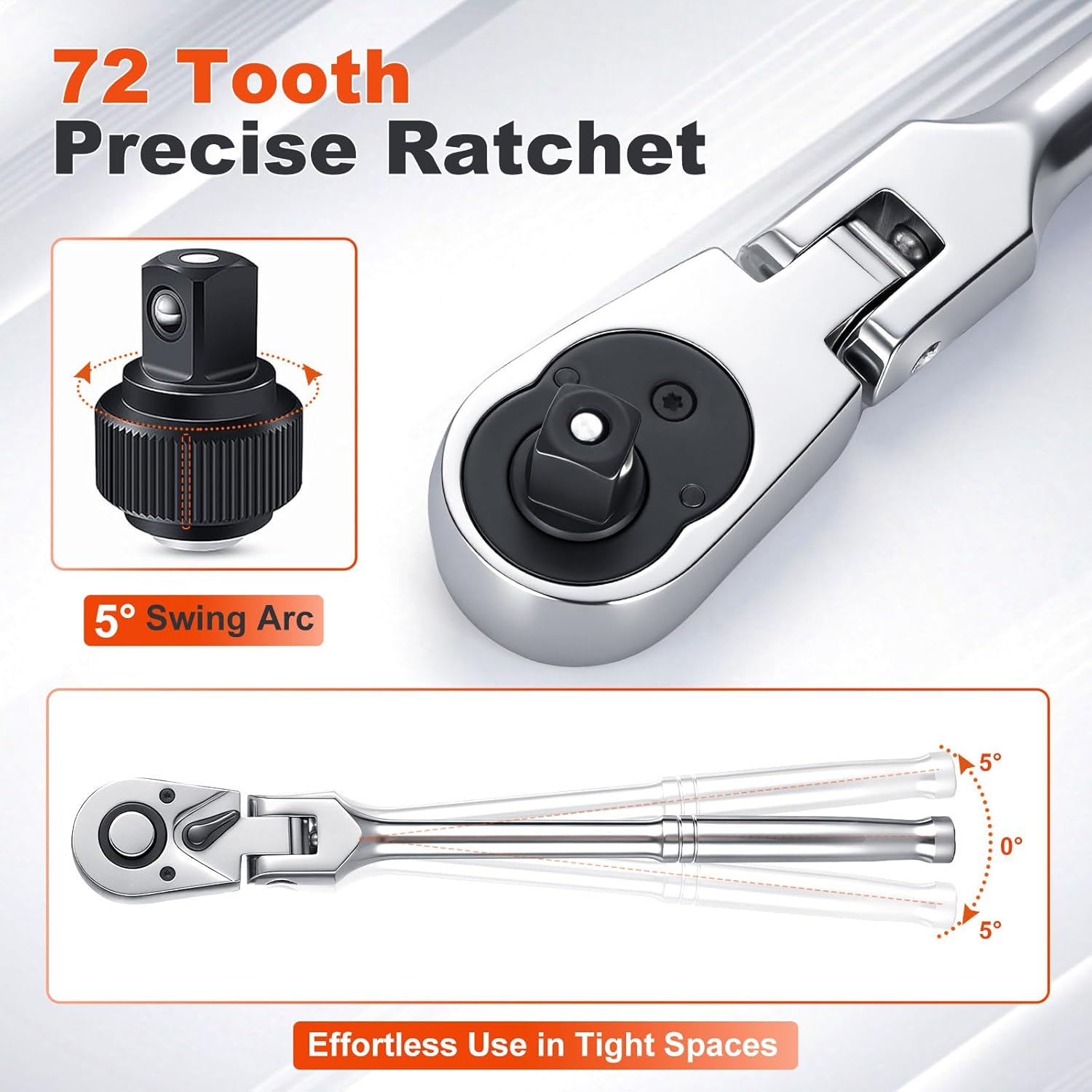 3/8" Drive Flex Head Ratchet with Extension, 72-Tooth Swivel Head Ratchet, CR-V Steel Ratchet with Quick Release & Reversible Switch, 3/8" Ratchet Socket Wrench for Automotive, Bike Repair