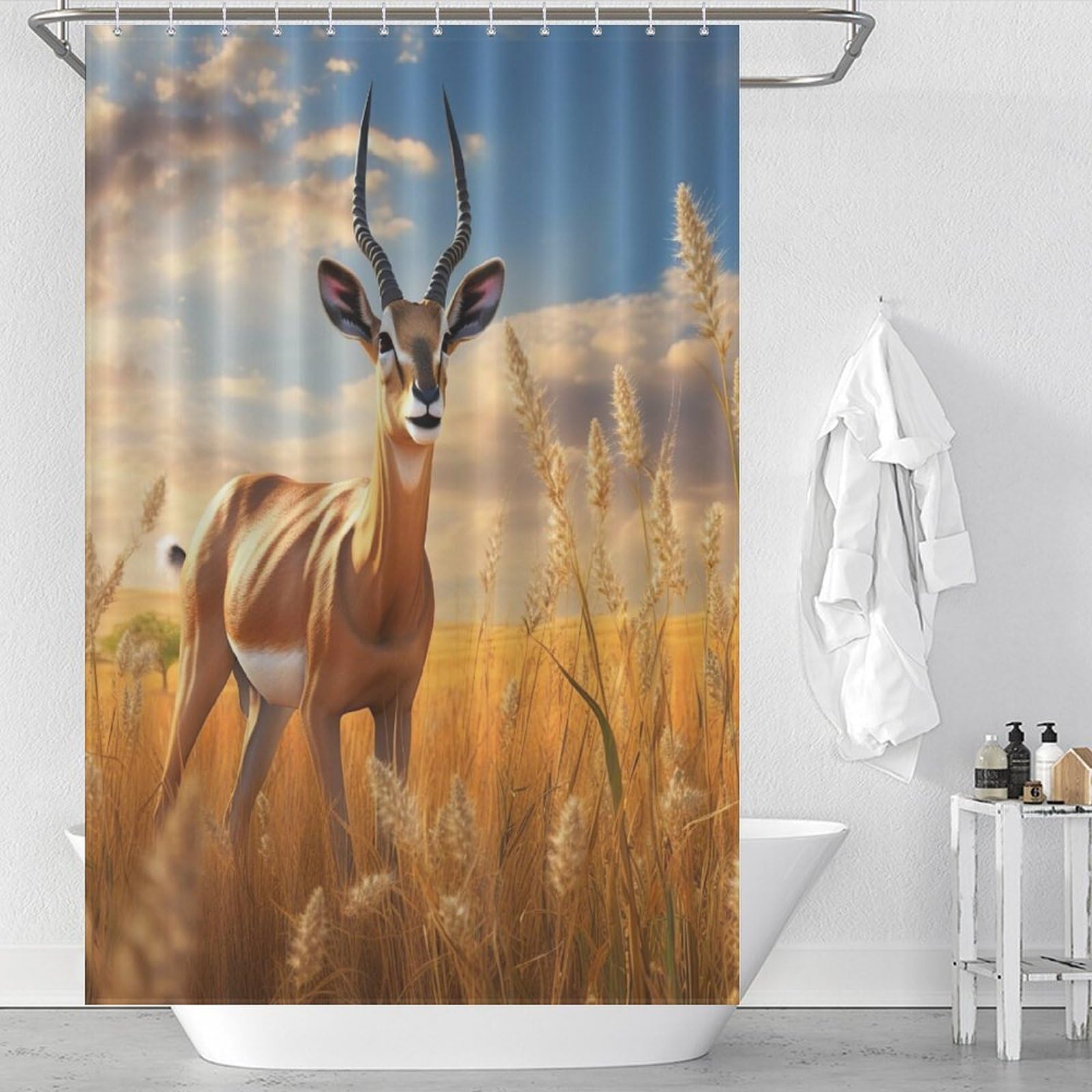 Rideaux douche tissu polyester pour aménager une salle de bain moderne avec baignoire