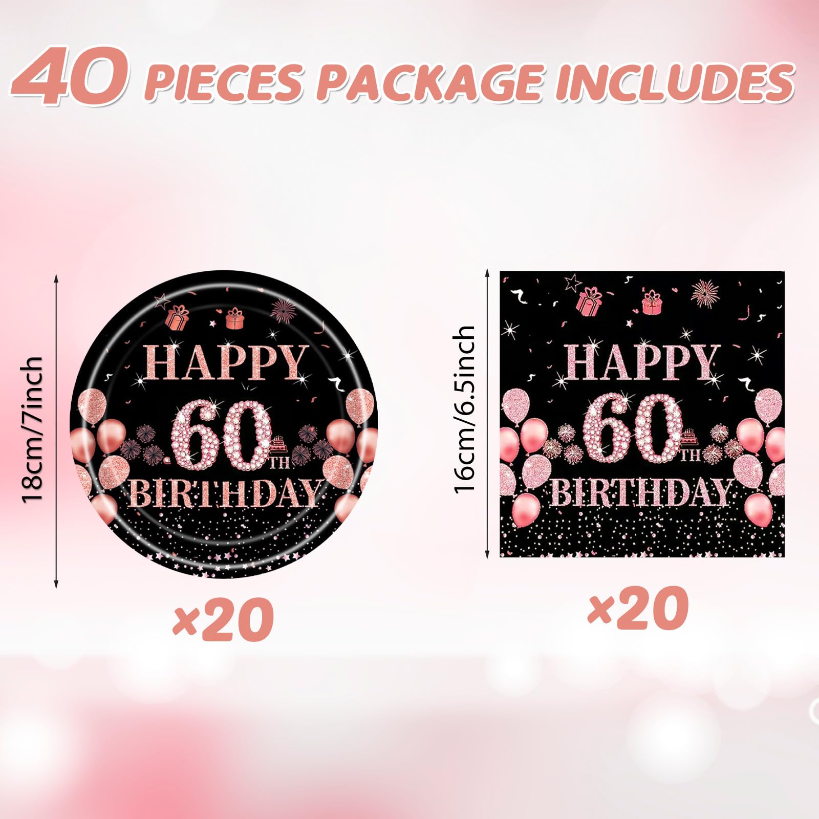 Juhap 60th Birthday Decorations for Men Women, Rose Gold 60 Years Old Birthday Supplies for 20 Guest Happy 60 Aged Birth Party Tableware Includes 20 Plates and 20 Napkins