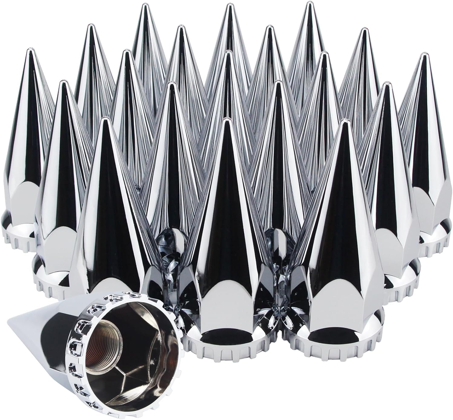 33mm x 4 3/4" Thread On Spike Lug Nut Covers Screw On, ABS Chrome Plastic Pointed Screw-on Lug Nuts Cover for Semi Trucks, Chromed Spiked Lug Nut Caps Pack of 20 Long Spike - Screw On 20Pcs