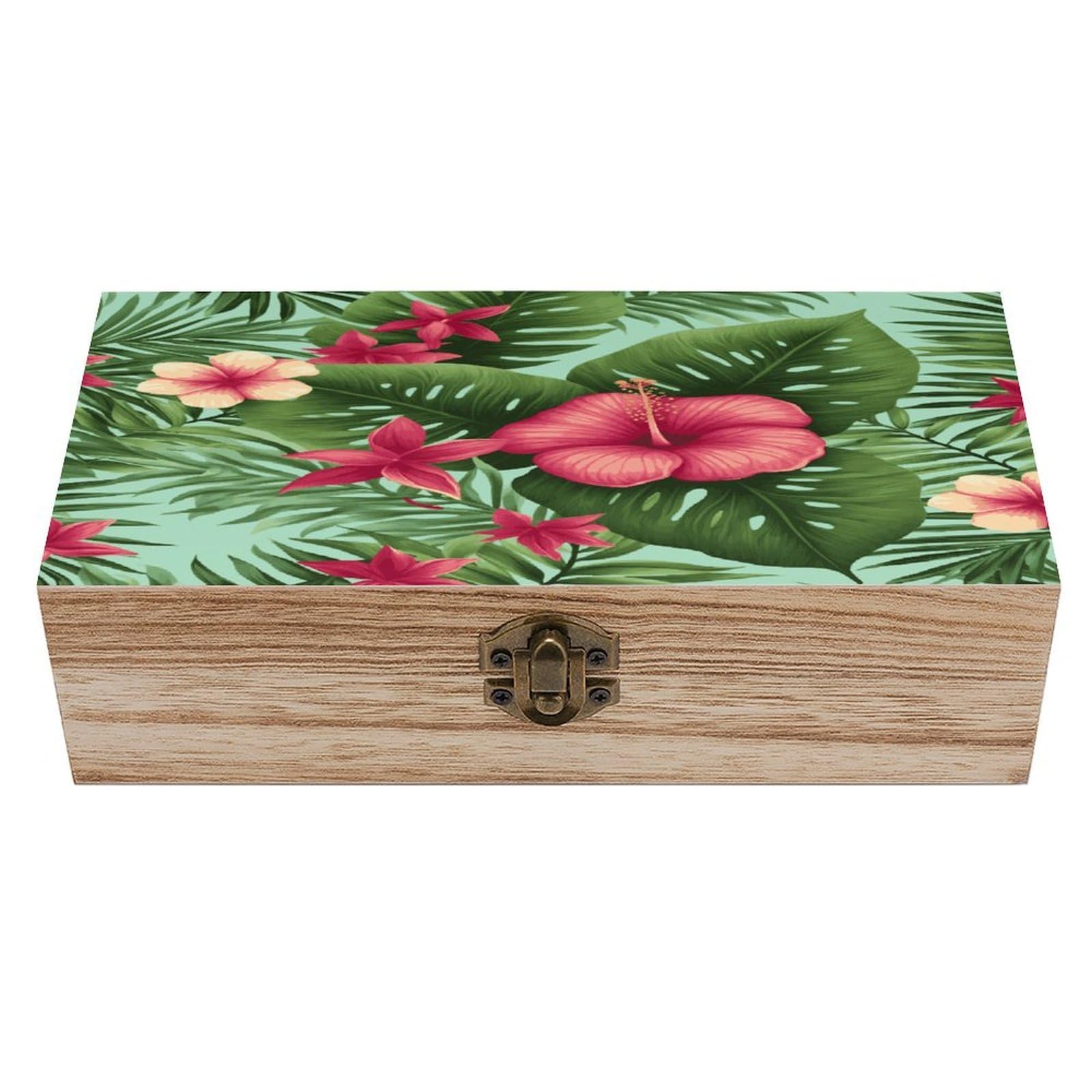 Btcowzrv Style Hawaiian Tropical Leaves Flowers Wooden Storage Box, Keepsake Box With Hinged And Retro Lock, Wood Jewelry Organizer For Photos & Mementos And Home Decor