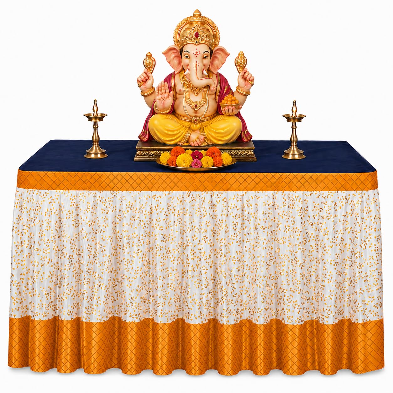 ganpati decoration table frill ideas at home, festival, diwali, ganesh chaturthi decoration floral design table cloth jhalar size, length 10 feet and height 36 inches (orange and white)