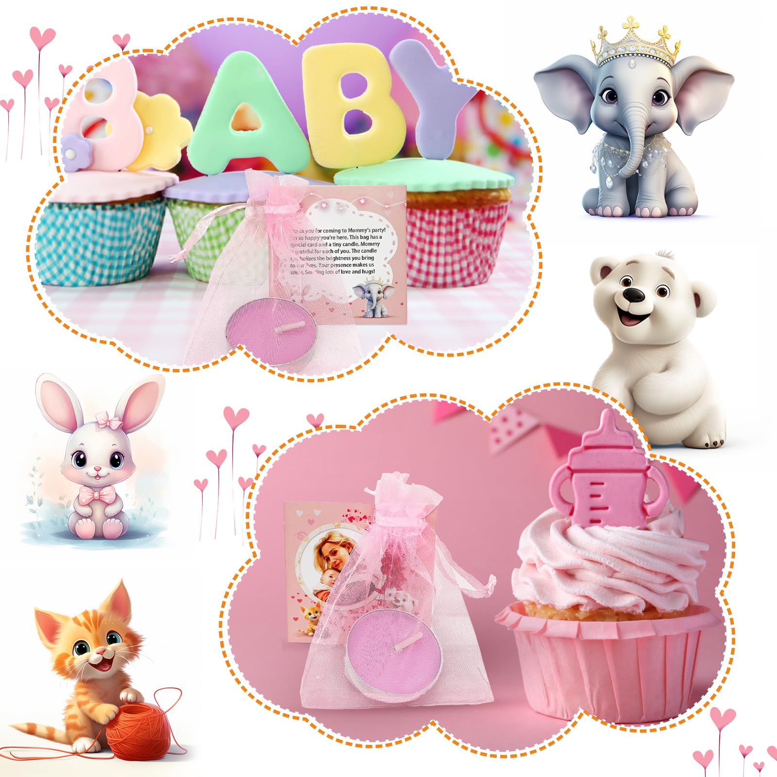 Babyparty Gastgeschenke Set - 50x Teelichter, Engel-Schlüsselanhänger, Karten & Organza Tüten Für Dankeschön-Gäste