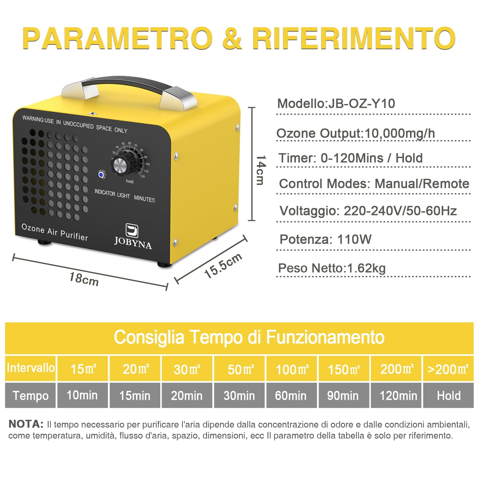 JOBYNA 10,000mg/h Generatore di Ozono Auto con Telecomando, Ozonizzatore Purificatore d'Aria Ozono O3 con Timer, Odor Remover per Abitazioni, Uffici, Garage, Auto, Fumo e Animali domestici
