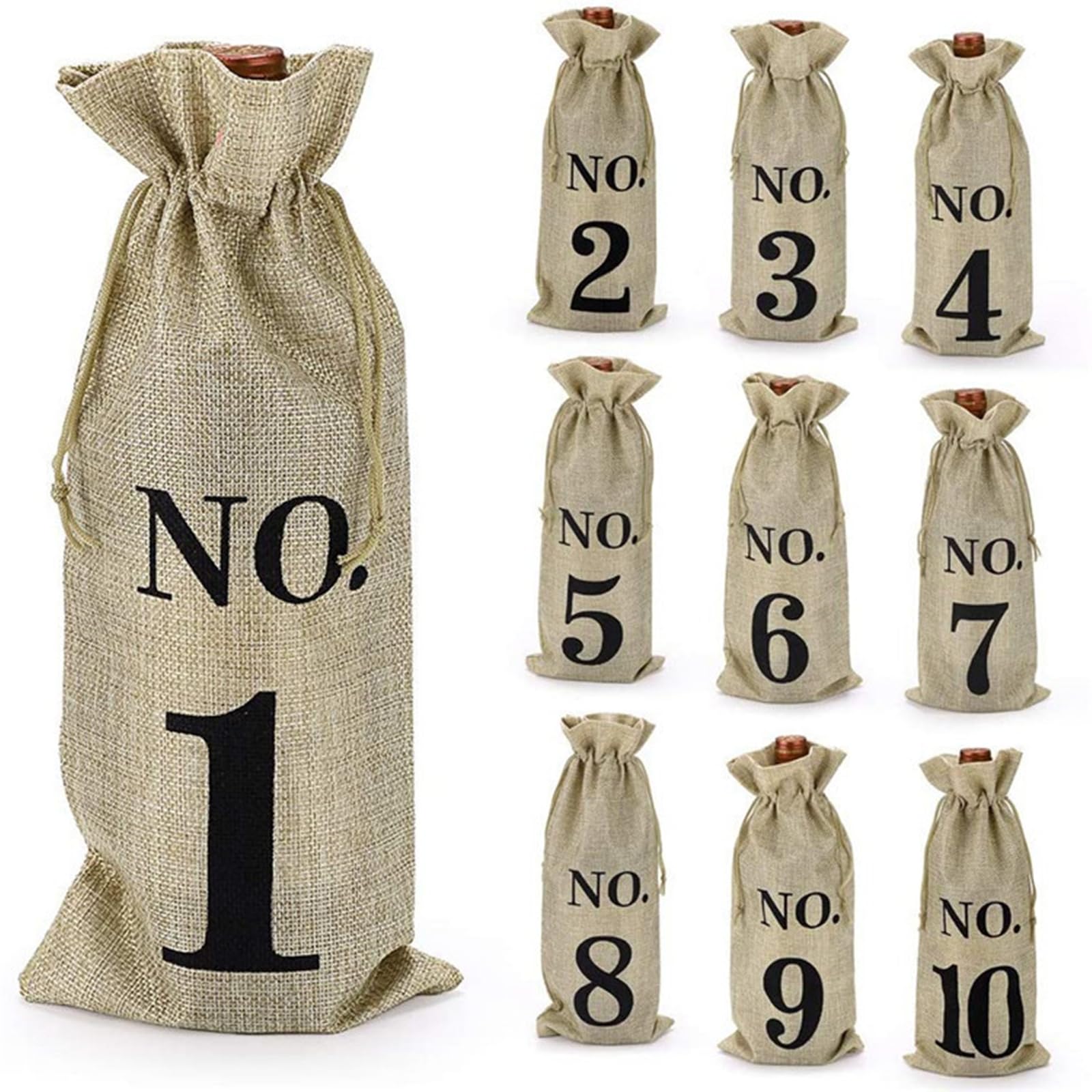 10 Bolsas de Yute para Botellas de Vino Numeradas 1-10, Bolsas de Regalo con Cordón para Cata a Ciegas, Bodas, Navidad, Cumpleaños y Fiestas, 36 x 16 cm