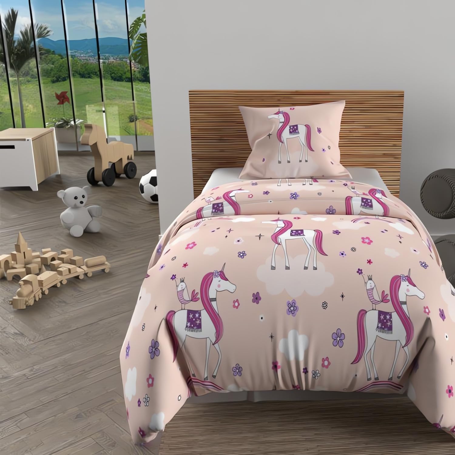 Parure housse de couette licornes 140x200 rose en coton 57 fils durable
