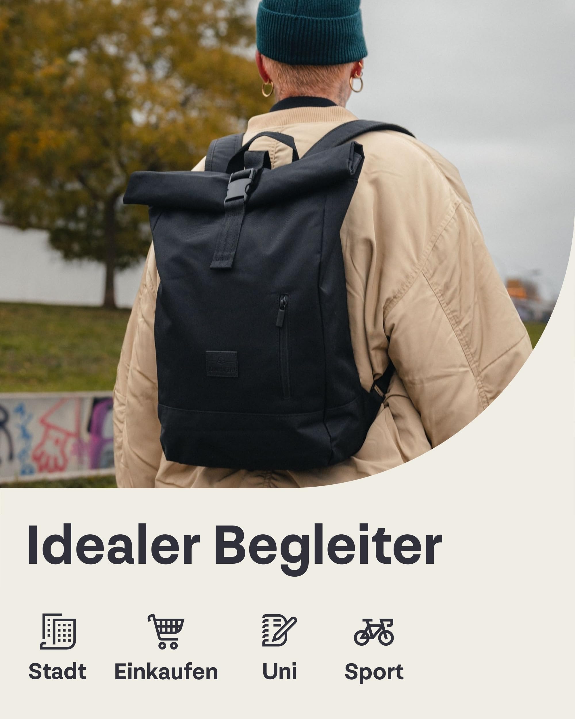 Johnny Urban Rucksack Damen & Herren Grau - Robin Medium - Rolltop Mit Laptopfach für Uni Business Fahrrad - 15L - Nachhaltig - Wasserabweisend