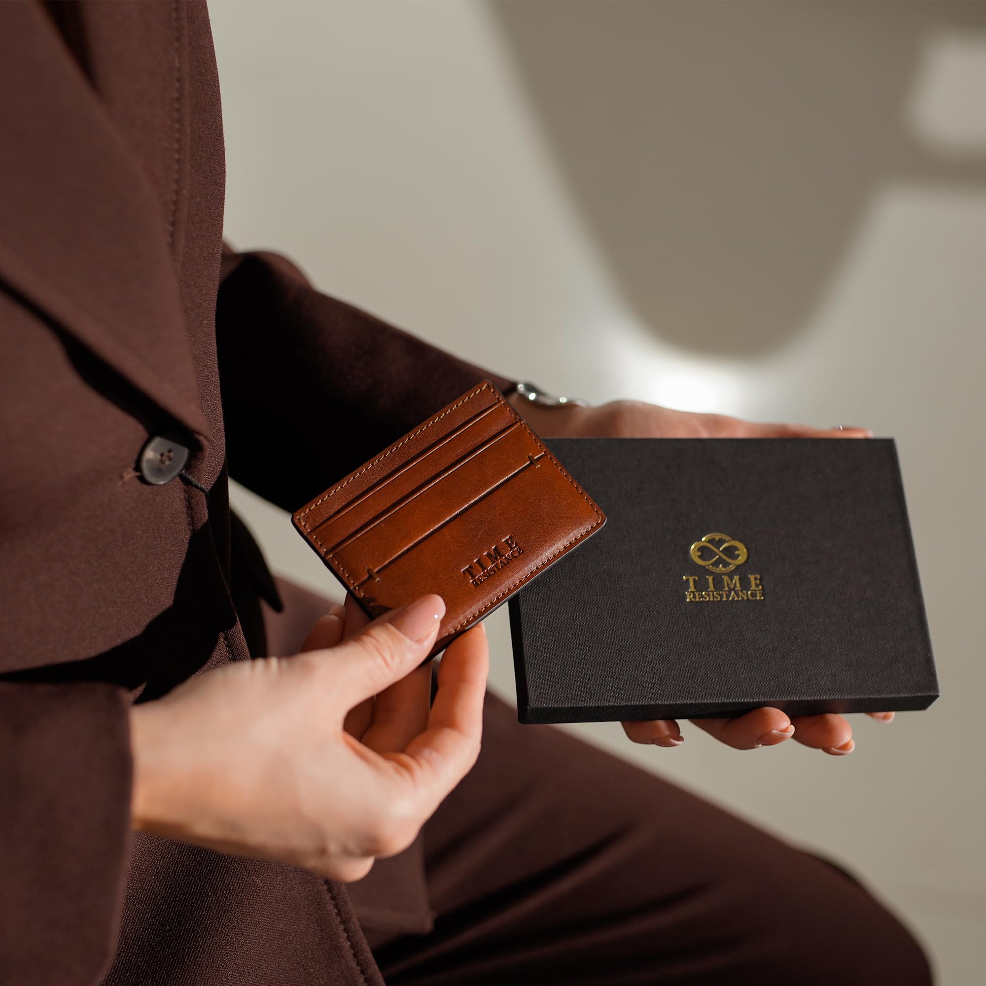 Time Resistance Credit Card Case - Leather Business Card Holder - Italian Handmade Card Organizer (Cognac Brown)