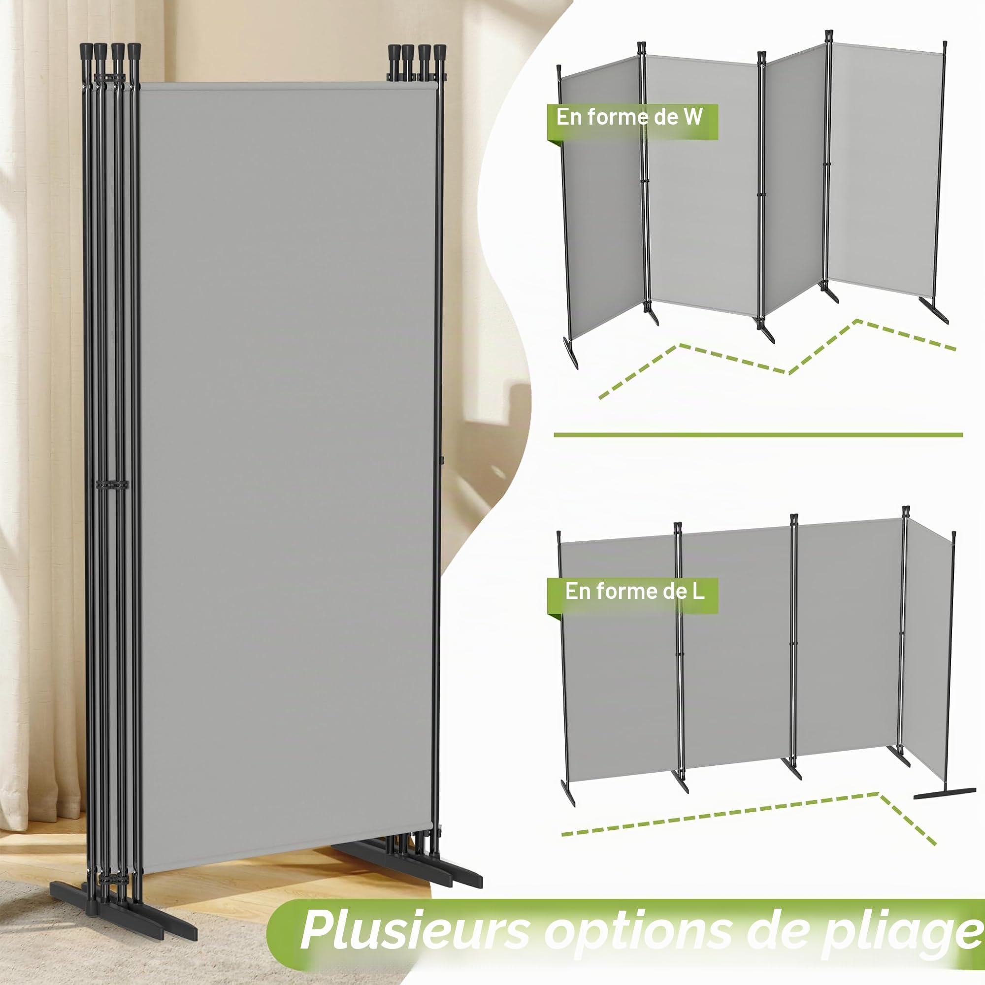 UISEBRT Paravent d'extérieur résistant aux intempéries, avec piquets et haubans, 4 pièces, 200 x 180 cm, pliable, autoportant, sans perçage, brise-vue mobile pour jardin, terrasse, balcon, gris clair
