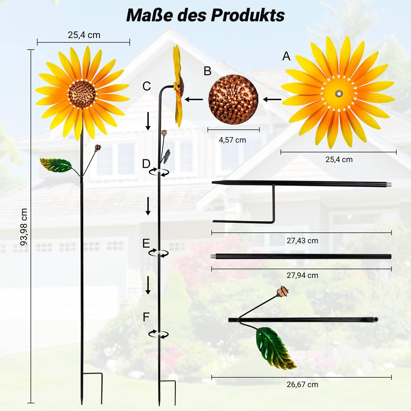 pearlstar Sonnenblume Windrad Metall, 2er-Pack Windspiel Garten Mit Metallpfahl, 94cmx25cm Windspinner Gartendeko Für Draußen Balkon Terrasse Rasen