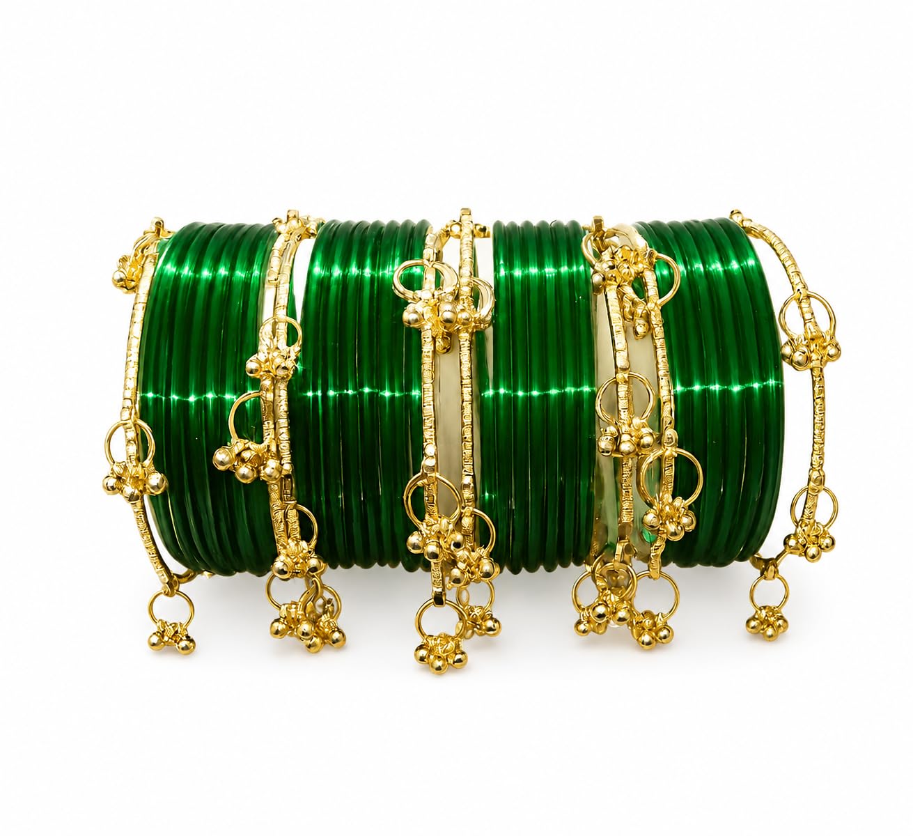 Green & Gold Glass Bangles Set with Ghungroo Charms-image-40