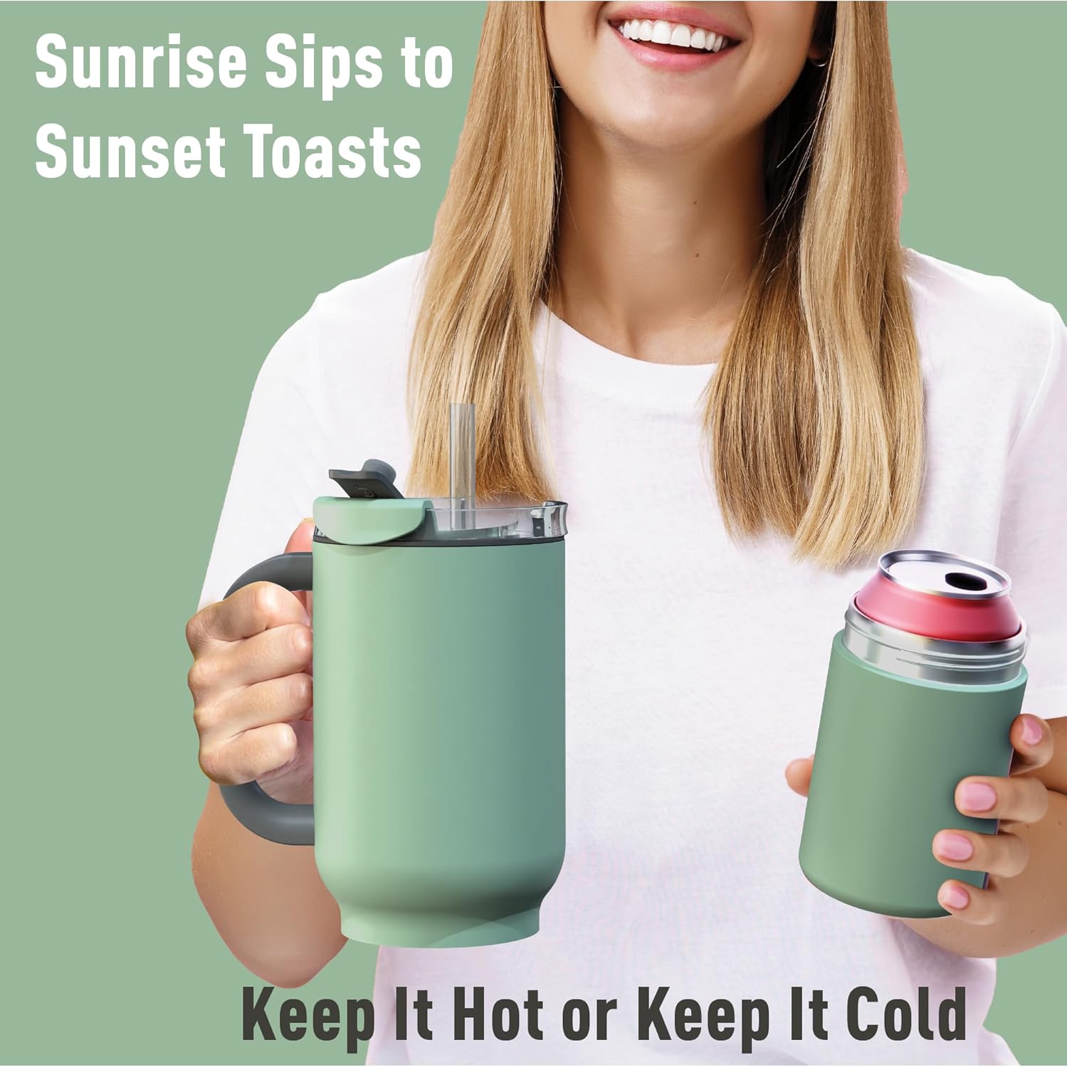 ASOBU DUPLEX 2-in-1 Travel Mug and Beer Can Holder Enjoy hot and cold drinks simultaneously -22 oz Hot Coffee or Tea Tumbler with Attached 12 oz Cold Can Holder for Beer or Soda, Basil Green