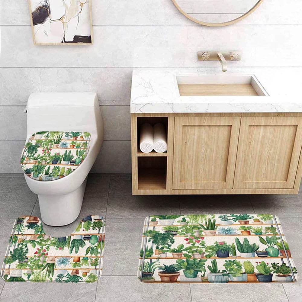 Potted Plants 3 Pcs Bath Rugs Set,Tropical Cactus Leaf Green Succulent Plant Greenhouse Boho Floral Botanical Bathroom Kitchen Rug with 16