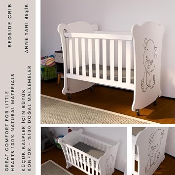 Sweetbear Tekerlekli Ahşap Anne Yanı Beşik 50x90 cm | 3 Kademeli Ayarlı Mini Beşik | Taşınabilir Bebek Beşiği | Şirin Ayı Figürlü Tasarım (0–24 Ay)