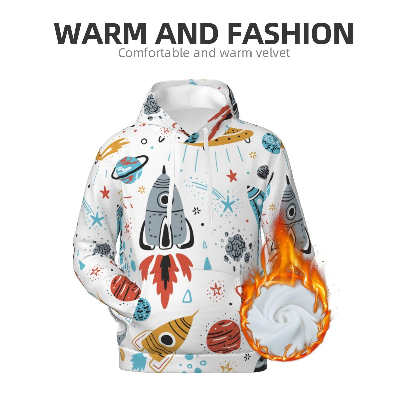 Męska bluza z kapturem z nadrukiem rakiet kreskówkowych, casualowa grafika z nadrukiem bluzy z kapturem z kieszenią