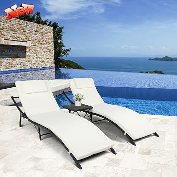 Upgraded Version 3 Pieces Outdoor Folding Chaise Lounge Set Rattan Wicker Adjustable Back, Patio Poolside Recliner Chaise Sunbed Chair and Side Table Set w/Cushions for Beach Backyard