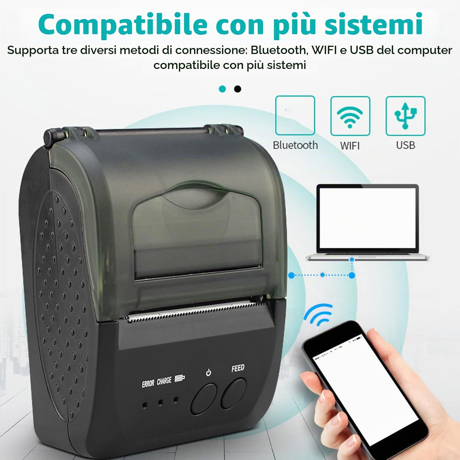 Stampante per Ricevute Bluetooth, POS-5809DD Mini Stampante per Ricevute POS Wireless da 58 Mm Stampante Termica Portatile da 90 Mm/s per Casa, Ufficio, Negozio, Compatibile con (Spina UE)