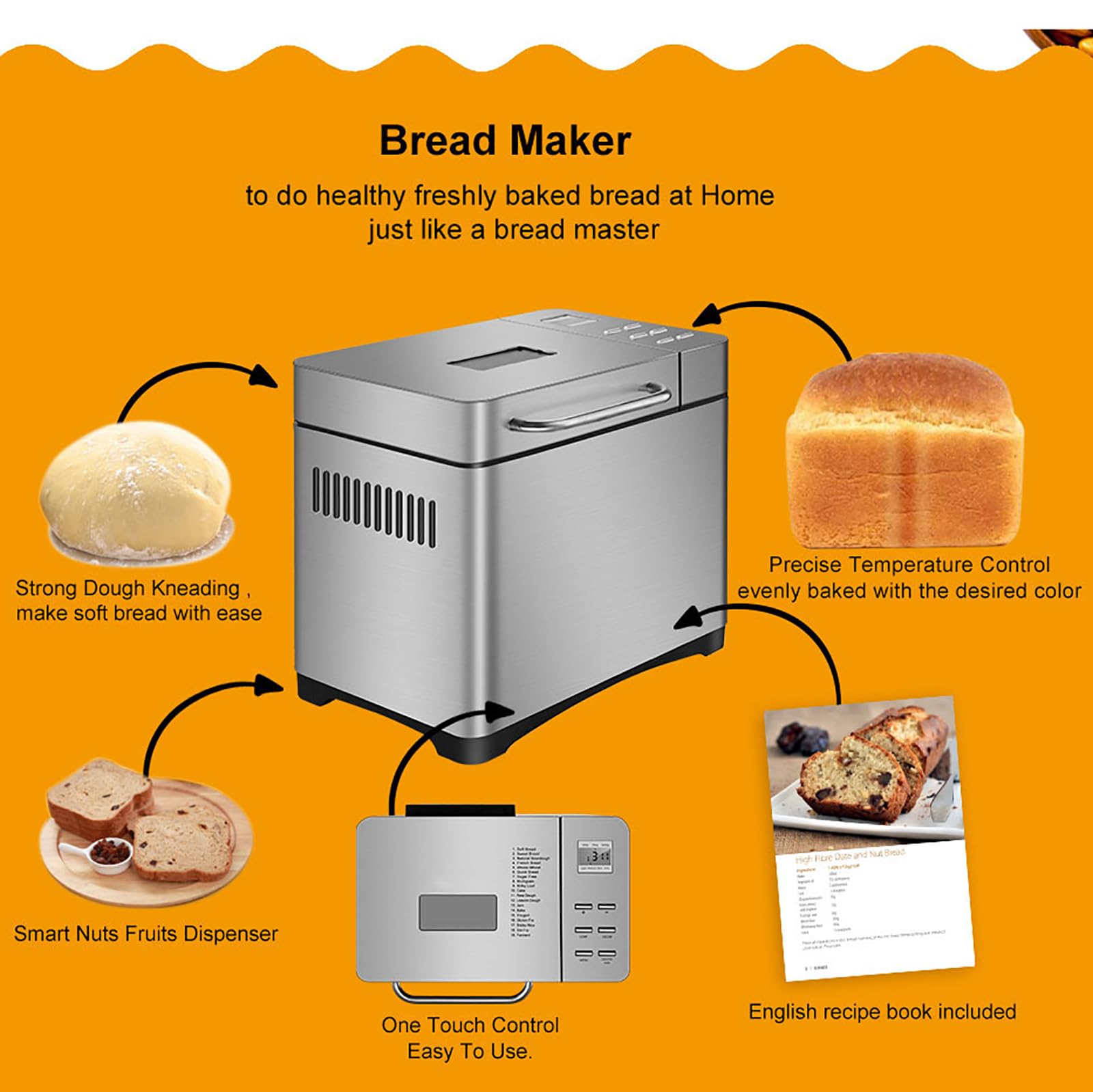 Macchina per Il Pane Automatica, Macchina per Il Pane Professionale in Acciaio Inossidabile con Dispenser per Noci E Timer Ritardato di 15 Ore, capacità di 1 Libbre, 3 Dimensioni di Pane
