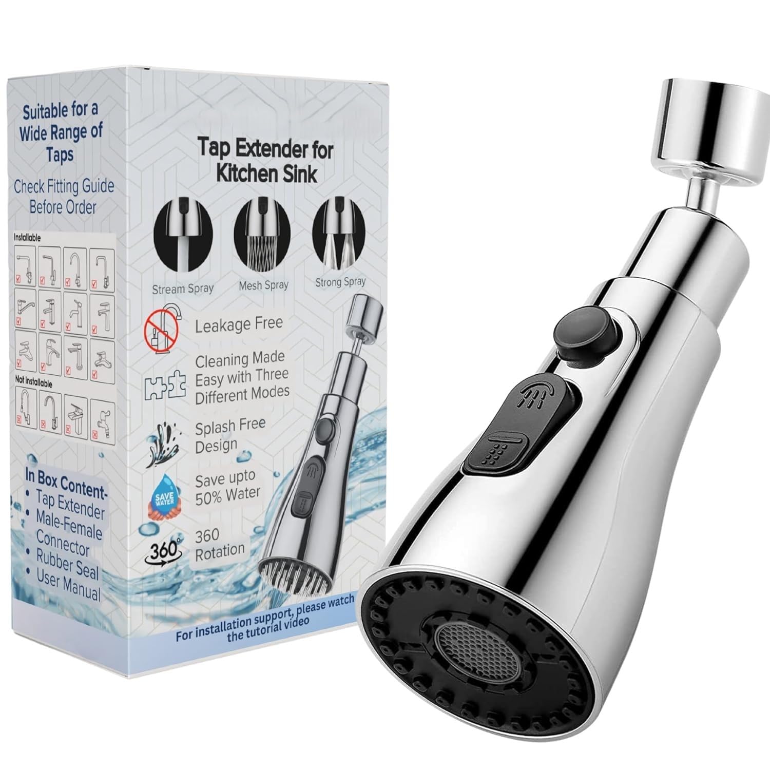 Kitchen Sink Faucet Extender, Flexible Tap Extension, Easy Access Sprayer, Handheld Steam Cleaner, Pressurized (Black Silver), Standard