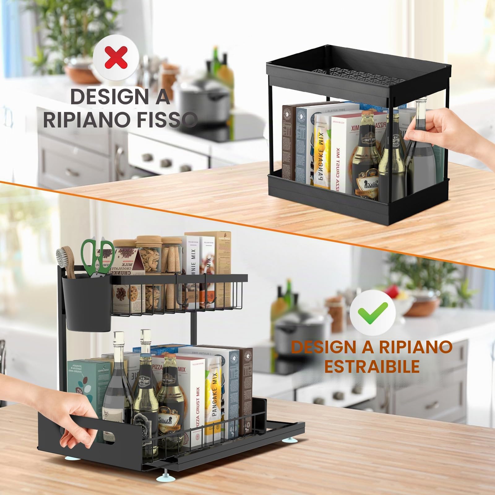 Confezione da 2 organizer da cucina sotto il lavello, 2 ripiani regolabili in altezza, in metallo, estraibile, per cucina e bagno, con ganci e tazza per appendere i prodotti per la pulizia