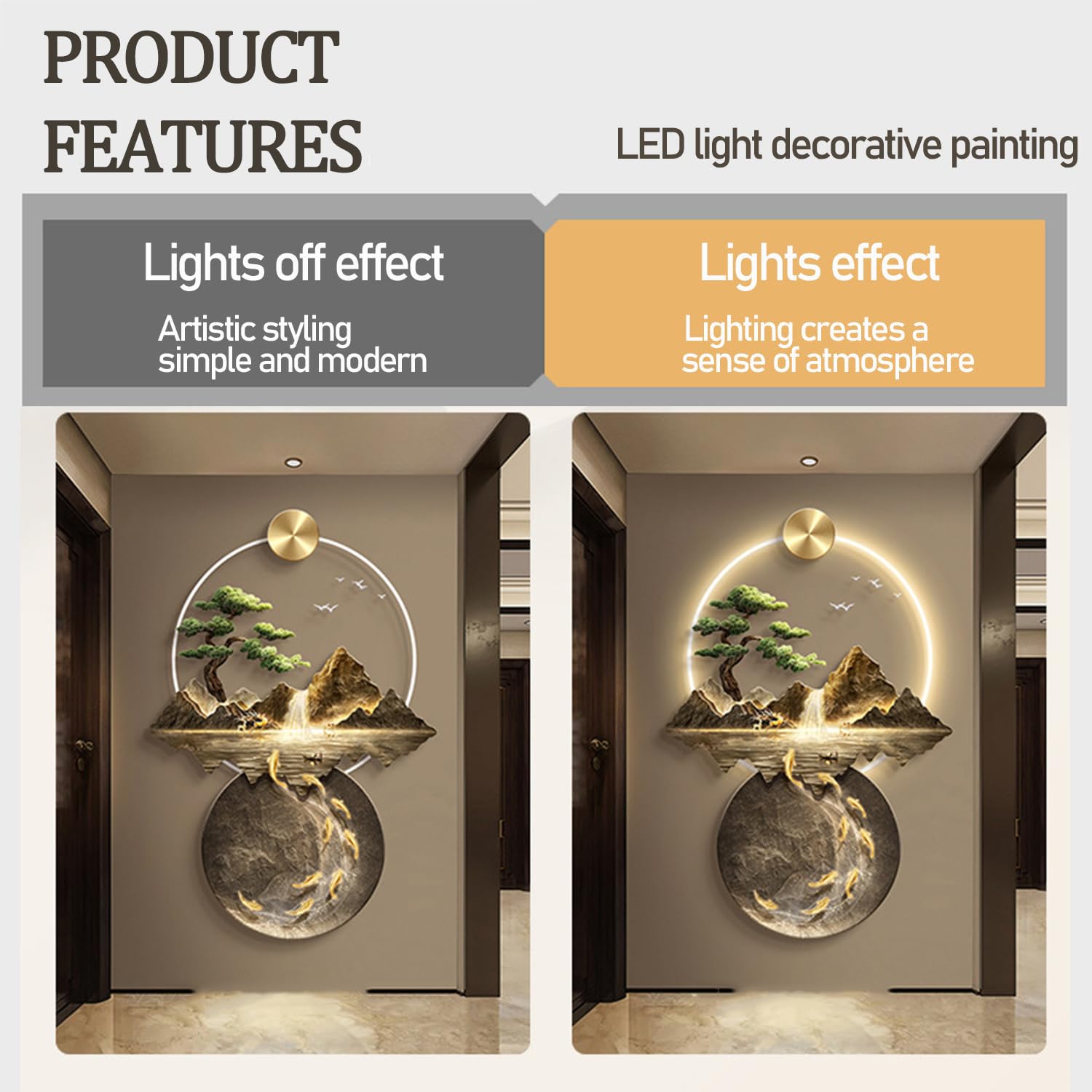 3D Wandmalerei Wand hängende Skulptur, 3D-Wandgemälde mit Licht, Wandskulptur aus Metall, luxuriöse Wanddekoration mit Bergwasserbaum, orientalisches Dekor, Landschaftsgemälde for Aufhängen(B,90L x 60