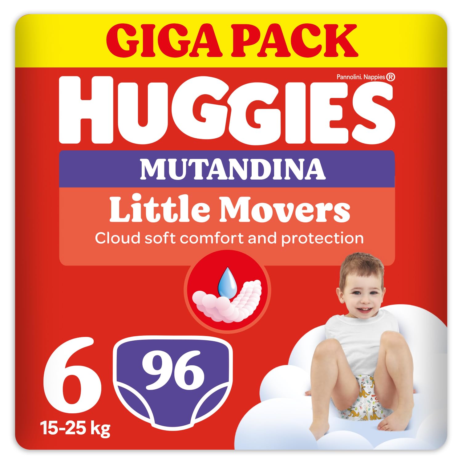Huggies Little Movers Pannolini Mutandina Taglia 6 (15-25 Kg), Ultra assorbente, Protezione completa, Gigapack, 96 Pz