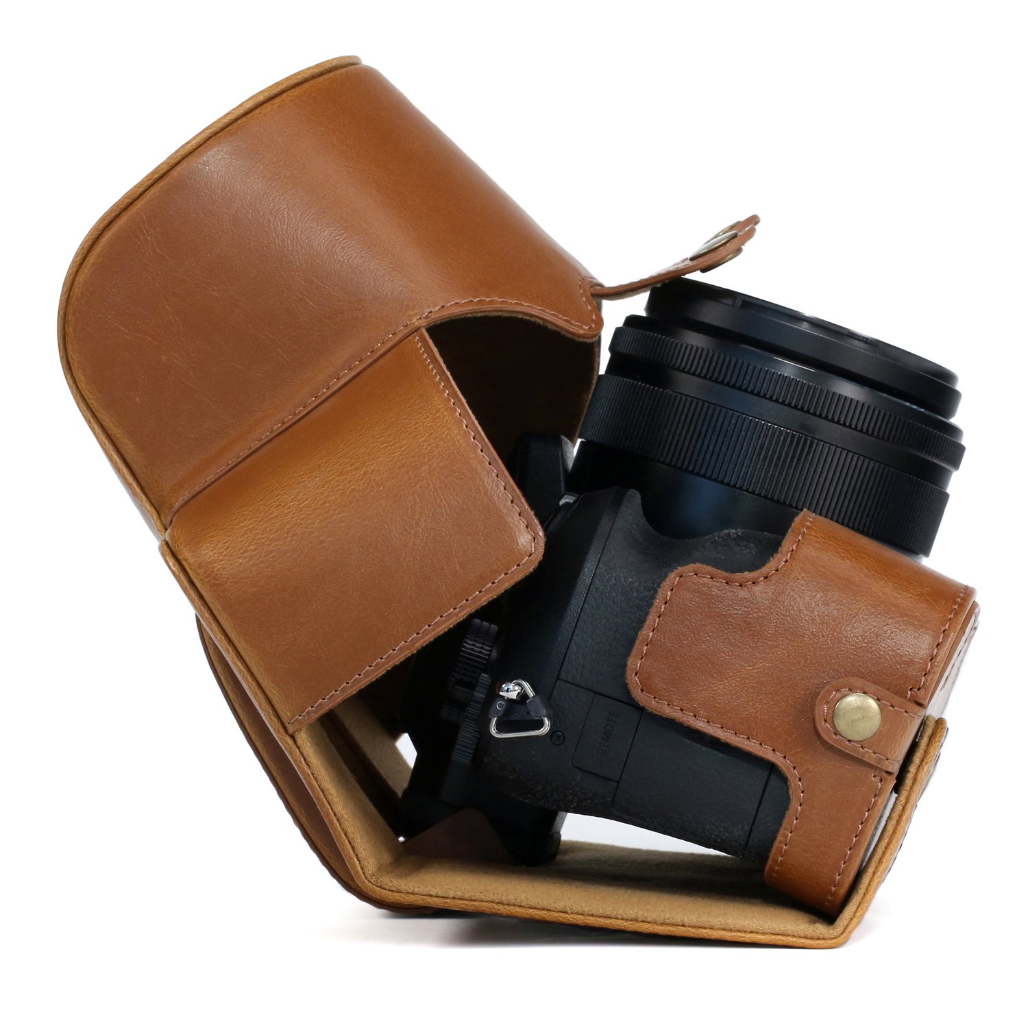 MegaGear MG762 Ever Ready skórzane etui i pasek z dostępem baterii do aparatu Sony EmartShot DSC-RX10 IV/DSC-RX10 III - jasnobrązowy