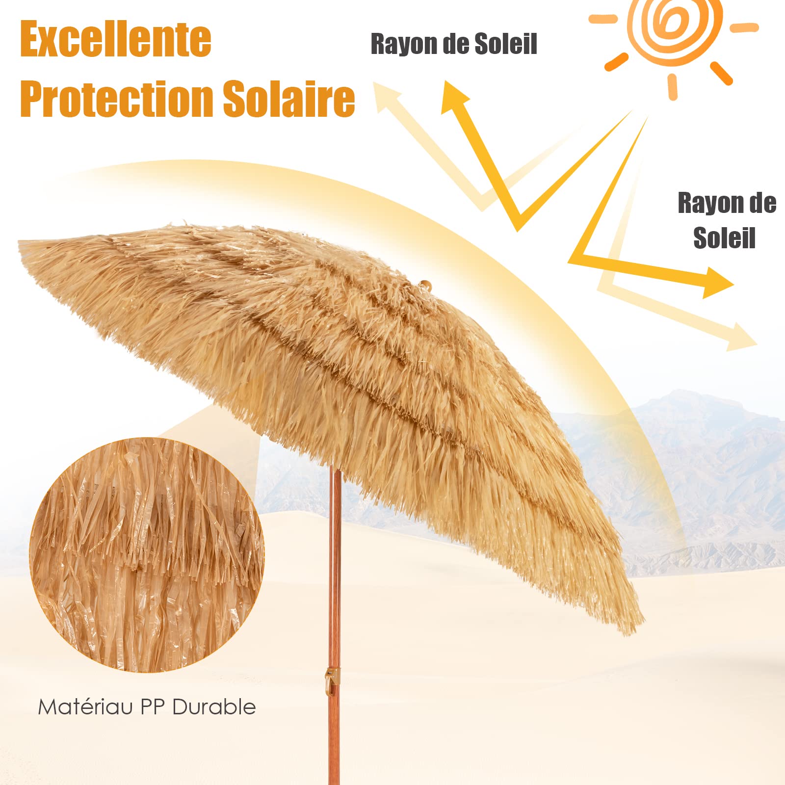 RELAX4LIFE Parasol Plage Hawaïen Inclinable Φ2M en Paille Tropicale