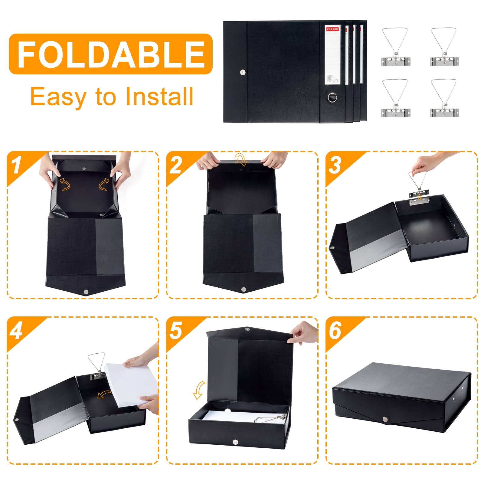 Srvnpioy 4 Pack Black Box File A4, 88mm Spine, Lock Spring with Ring Pull and Catch, Foldable Plastic Archive Box - Image 4