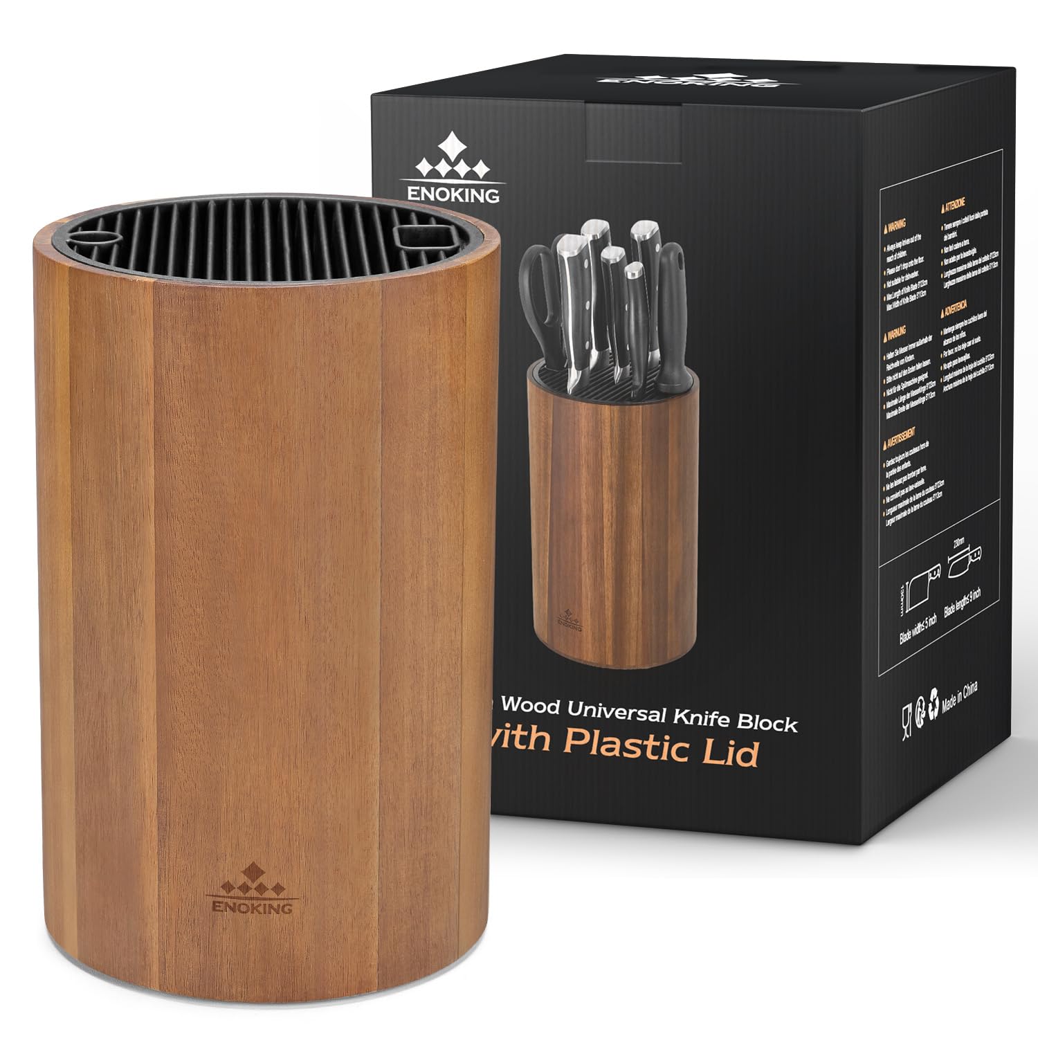 Enoking Universal Knife Block Holder with Plastic Lid, Acacia Wood Knife Block without Knives for Scissors, Sharpening Rod and Knives, Round Knife Storage Organizer Display