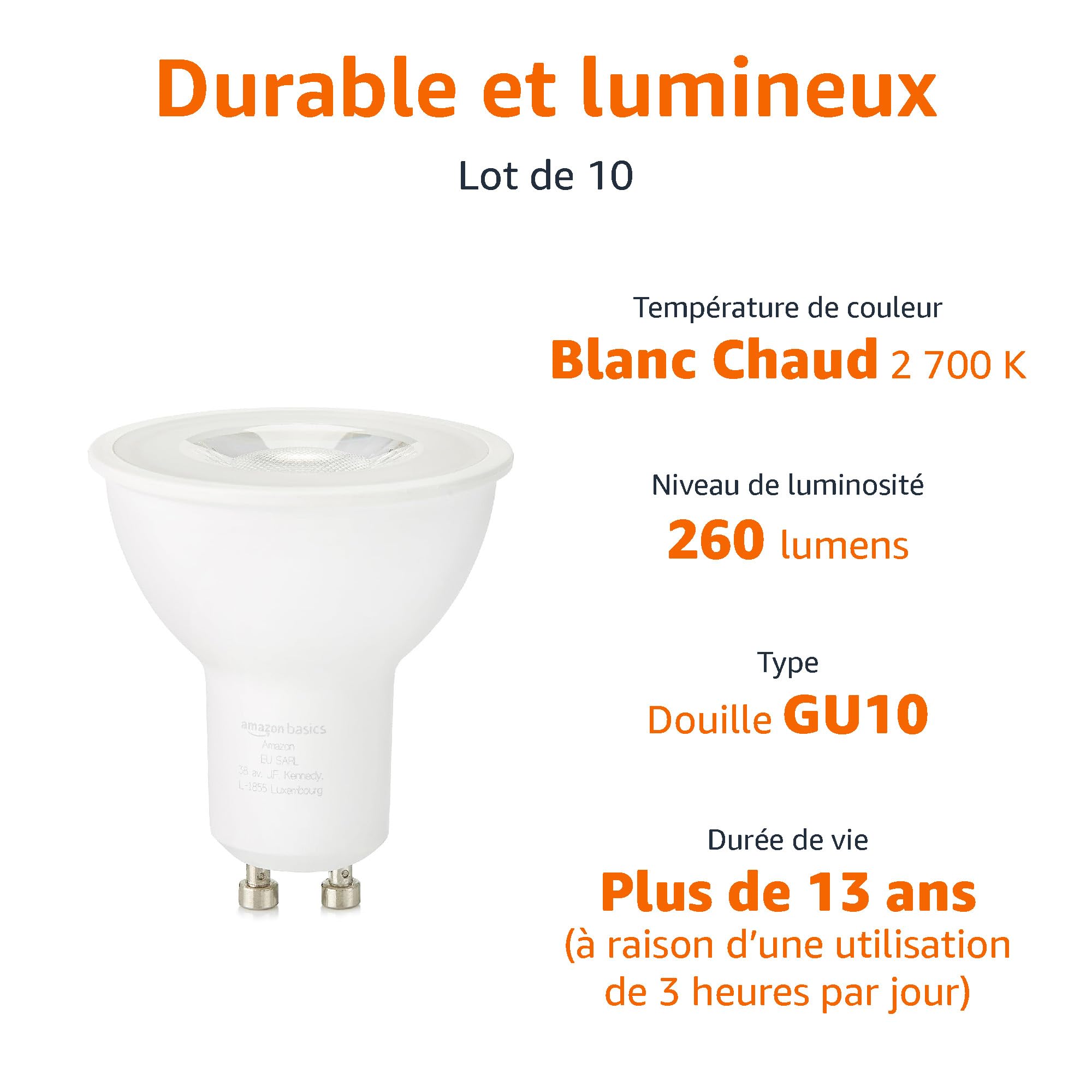 Image secondaire de Lot de 10 Ampoules Spot LED GU10 Blanc Chaud - Amazon Basics