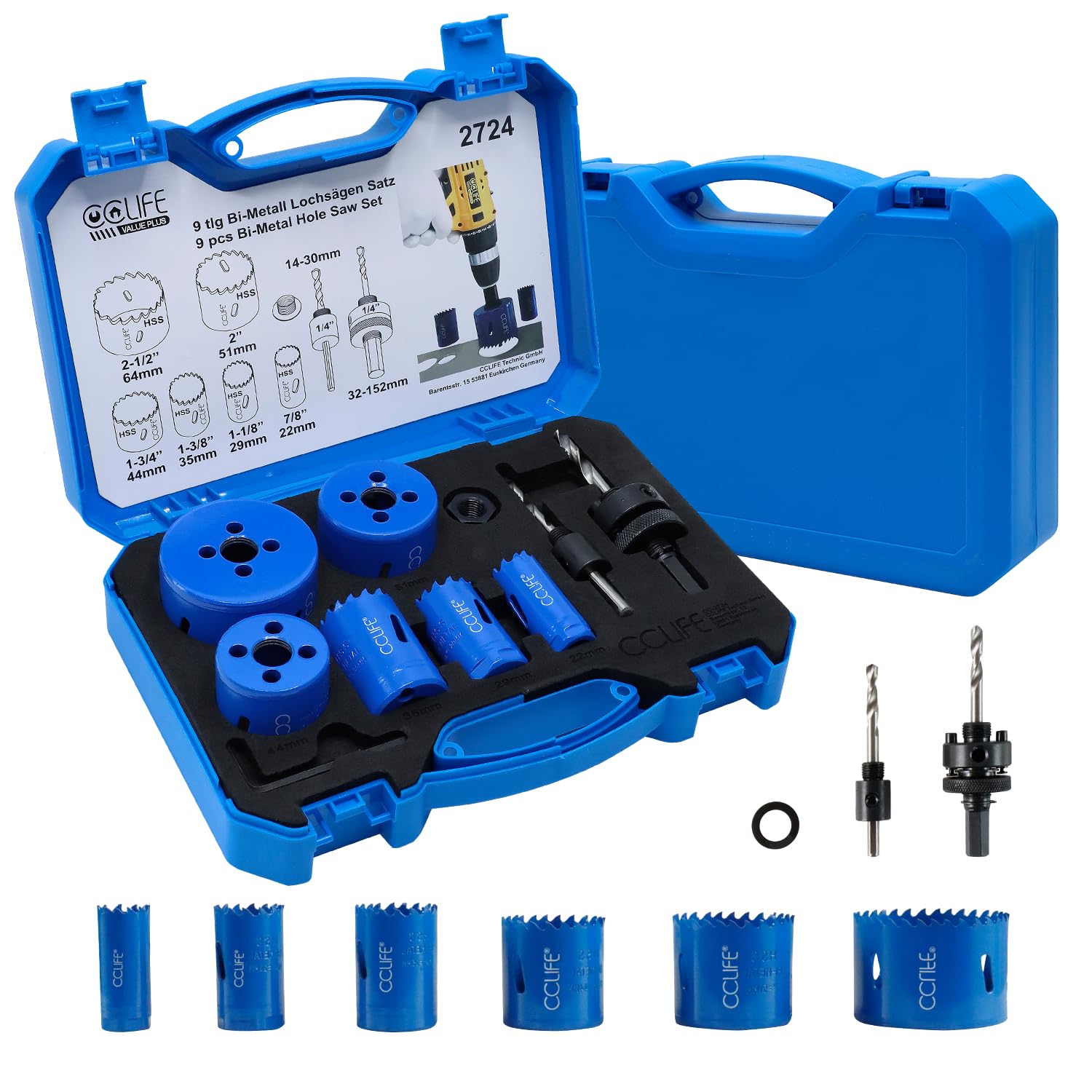 CCLIFE Juego de sierra perforadora bimetálica, 8 piezas, bimetal M3 HSS-CO, diámetro de 22 – 64 mm, profundidad de corte 38 mm, para taladrar acero inoxidable, metal ligero, madera, PVC, plástico, etc