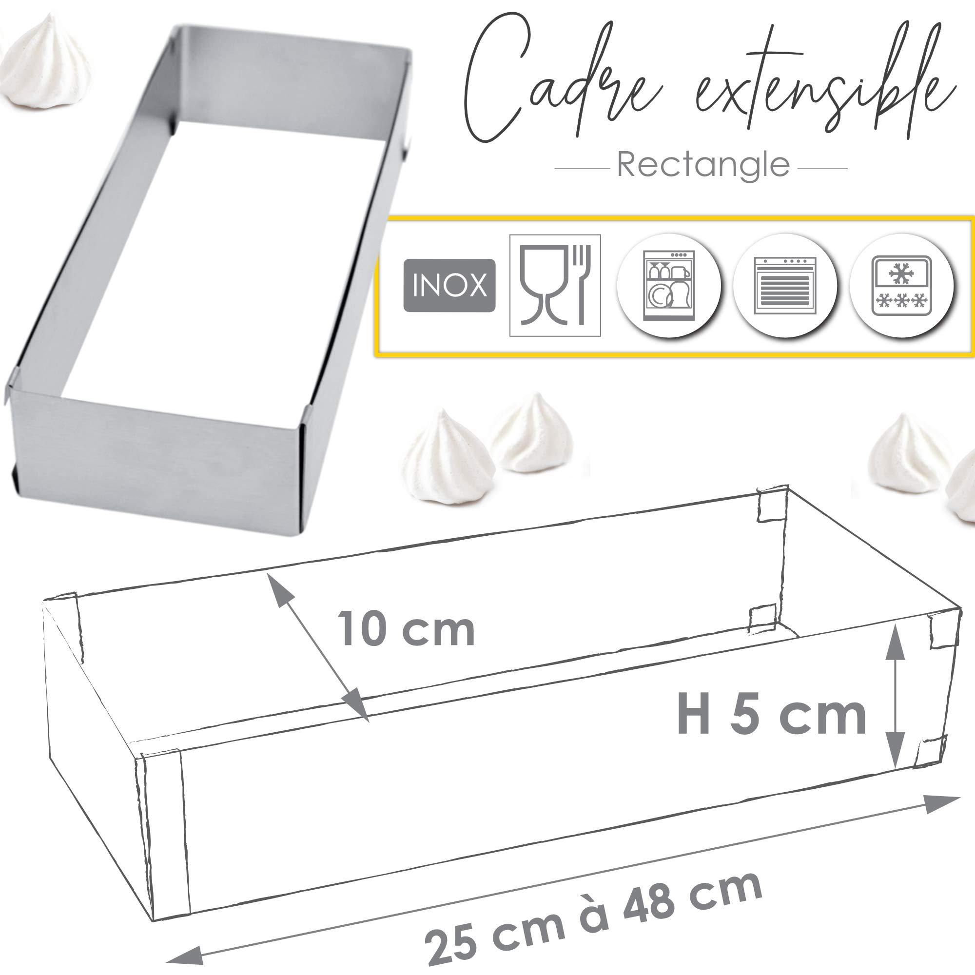 SCRAP COOKING 1916 Marco de repostería Extensible de Acero Inoxidable – Molde Rectangular de Longitud Ajustable de 25 a 48 cm – para Tartas, postres – Accesorio de pastelería, 18/10