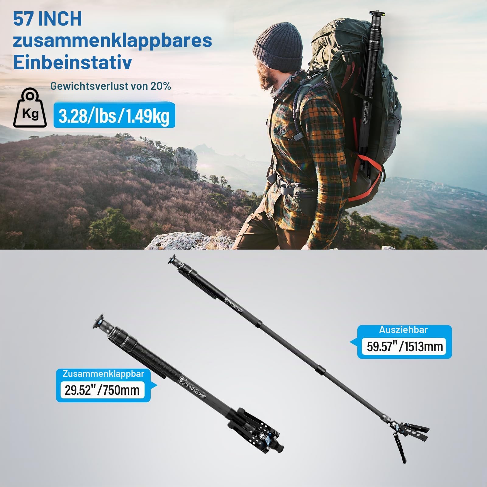 SIRUI SVM-145 Carbon Fiber Monopod mit Rapid System | 3-in-1 Modulares Einbeinstativ, 145cm, 10kg Traglast | Schnellverstellung & Schnellwechsel für DSLR & Video