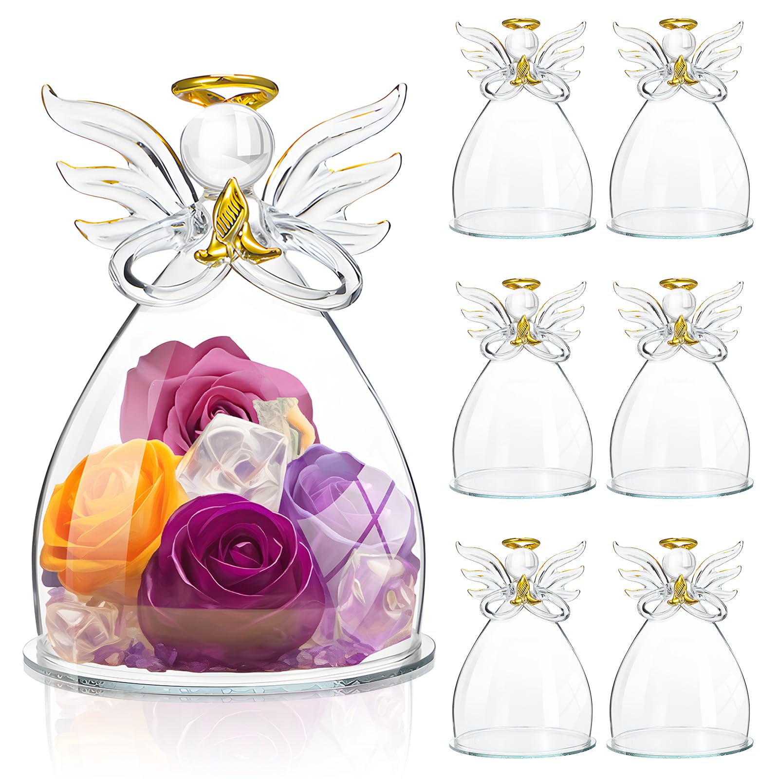 Mifoci 6 Pcs Angel Figurines Glass Cloche Dome for Preserved Flowers, Eternal Flower Display Case with Base Glass Dome Cover for Mom Grandma Rose