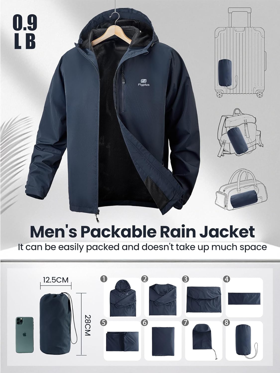 Mens Packable Cycling Rain Jacket Water-Resistant Windbreaker Lightweight Raincoat With Hood For Running Hiking