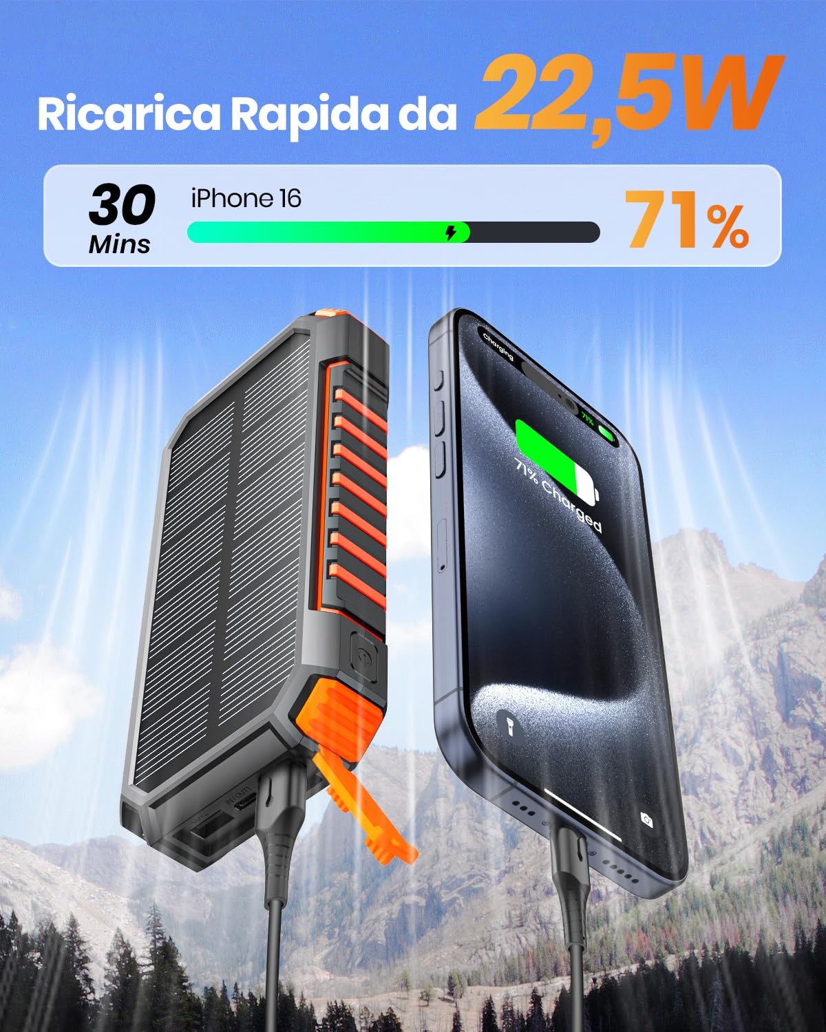 Fandealo Caricabatterie Solare Power Bank 27000mAh - 22,5W Caricatore Portatile Senza Fili, PD QC3.0 USB C Ricarica Rapida Batteria Esterna con 2 Cavi Incorporati e Luci LED per Telefono e Tablet