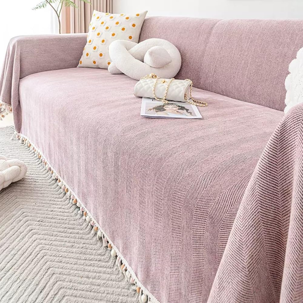 Housse de canapé chenille rose 180x420cm RKK pour protection de canapé design chevrons